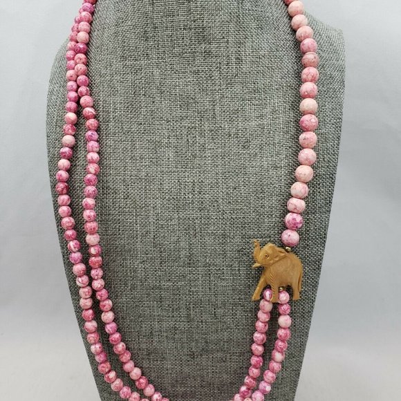 Pink Stone Beads Carved Wooden Elephant Necklace - Picture 2 of 5